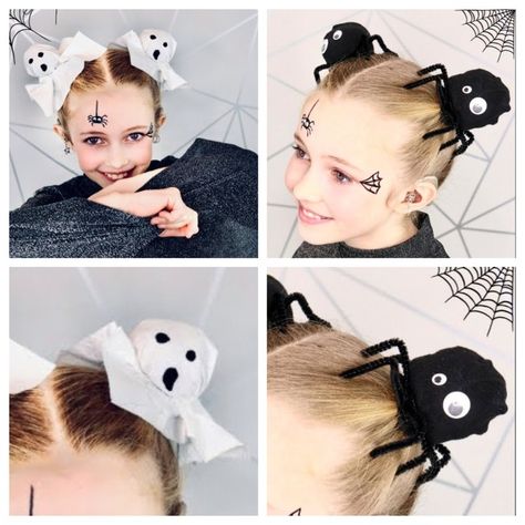 Wacky Halloween Hair, Halloween Spider Hair Bun, Halloween Hair Spider, Spider Buns Hair, Crazy Hair Halloween Ideas, Kid Crazy Hair Day, Kid Halloween Hairstyles, Crazy Hair Day Halloween Ideas, Spider Crazy Hair Day