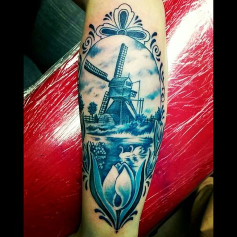 Delft Blue Windmill Tattoo, Dutch Heritage Tattoo, Windmill Tattoo Design, Traditional Dutch Tattoo, Delft Blue Tattoo Dutch, Tulip And Daffodil Tattoo, Belgium Tattoo Ideas, Dutch Tattoo Ideas Netherlands, Holland Tattoo Ideas