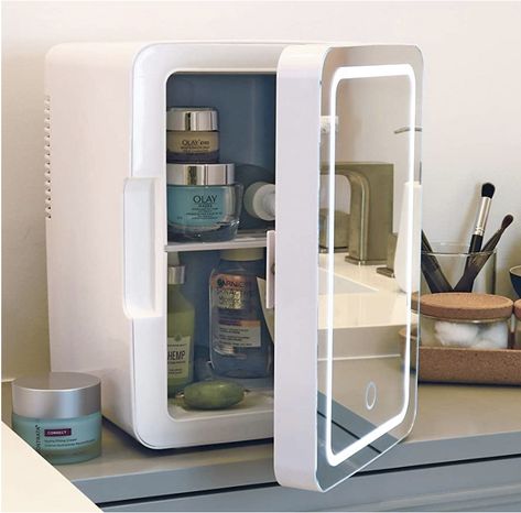 Cosmetic Fridge with LED Lighted Makeup Mirror, 6L AC/DC Compact Refrigerator for Skincare, Beauty Serums, Face Masks, Portable Design with Handle for Home, Travel, Dorm, Office Skin Care Fridge, Mini Fridge In Bedroom, Skincare Fridge, Portable Mini Fridge, Deco Studio, Beauty Mirror, Mini Fridges, Dimmable Led Lights, Led Ring Light