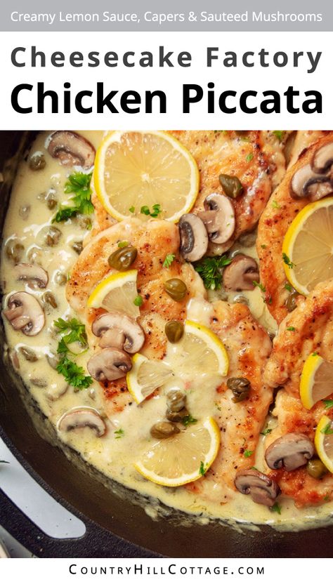 This creamy copycat Cheesecake Factory lemon piccata recipe is an easy and delicious one-pot meal ready in 30 minutes. You get perfectly golden-brown, tender chicken, topped with a rich and bright lemon sauce, tangy capers, and fresh parsley. It's quick enough for a midweek meal, yet elegant enough to serve guests on a weekend dinner party. And something everyone will love! It's a one-pot meal that is ready to eat in about 30 minutes. That also means easy clean-up!| CountryHillCottage.com Chicken Piccata Cheesecake Factory, Lemon Piccata, Cheesecake Factory Chicken, Chicken Piccata Easy, Chicken Piccata Pasta, Copycat Cheesecake Factory, Piccata Sauce, Lemon Chicken Piccata, Capers Recipe