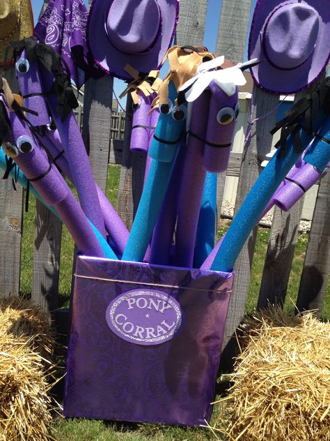 Pony Party - Pool Noodle Horses / Pony Corral Pony Corral, Horse Party Ideas, Pool Noodle Horse, Kids Table Wedding Activities, Noodle Horse, Swim Noodles, Kids Table Wedding, Purple Horse, Pig Crafts