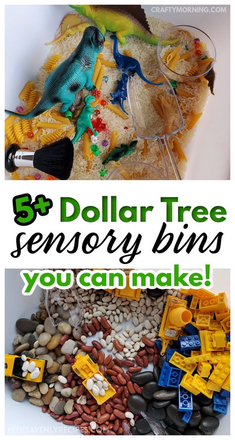 Dollar Tree Sensory Bins to Make- fun sensory play for kids. Sensory play for toddlers and preschoolers. Sensory activities for preschoolers and kids. Dinosaur, ocean, playdough, buttons, farm, construction site and more! Fun cheap DIY sensory bins to make on a budget. Diy Dinosaur Sensory Bin, Diy Construction Sensory Bin, Cheap Easy Sensory Bins, Low Cost Sensory Bin, Preschool Dollar Tree Activities, Sensory Buckets For Preschool, Cheap Diy Sensory Bins, Texture Sensory Bin, Make Your Own Sensory Bin