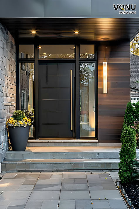 A modern front door with a sleek black design, complemented by elegant lighting and stylish planters on either side. The entrance showcases a contemporary look with clean lines and a sophisticated aesthetic. Window Over Front Door Entrance, Contemporary House Entrance Door, Unique Entrance Design, Front Entrance Ideas Exterior Entryway, Front Door Modern Design, Modern Front Doors Contemporary, Front Of Home Ideas, Black Door Entrance, Black Door Exterior Front Entry