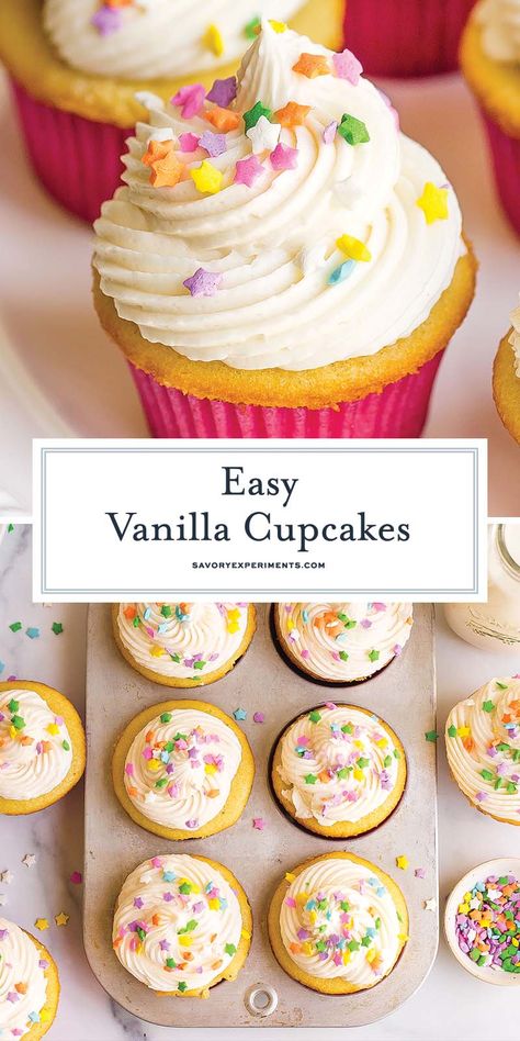 These EASY Vanilla Cupcakes with homemade vanilla buttercream are full of flavor and so easy to make! Top with festive sprinkles for fun! Simple Vanilla Cupcakes, Vanilla Cupcakes No Butter, Vanilla Cupcake Recipe Easy, Cupcake Recipes Vanilla, Vanilla Cupcakes Easy, Cupcakes Recipes Vanilla, Small Batch Vanilla Cupcakes, White Cupcake Recipe, Easy Vanilla Cupcake Recipe