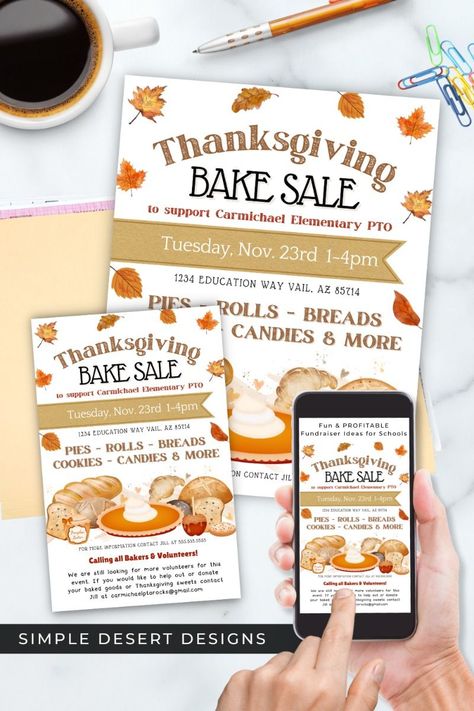 Adorn your Thanksgiving bake sale with fun and festive Fall themed graphics! Our versatile invitation design works great for any fall fundraiser. Let everyone know that your fundraiser is the place to be by customizing the text today! Ideal for church, school or any nonprofit organization. It makes an excellent bakery flyer for Thanksgiving too! Popular fall fundraising idea with everything you need as an event planner, business, school PTO PTA, church community organization or non profit... Thanksgiving Bake Sale, Bake Sale Fundraiser, Bakery Flyer, Fall Bake Sale, Fundraiser Food, Event Planner Business, Simple Desert, Creative Fundraising, Community Organization