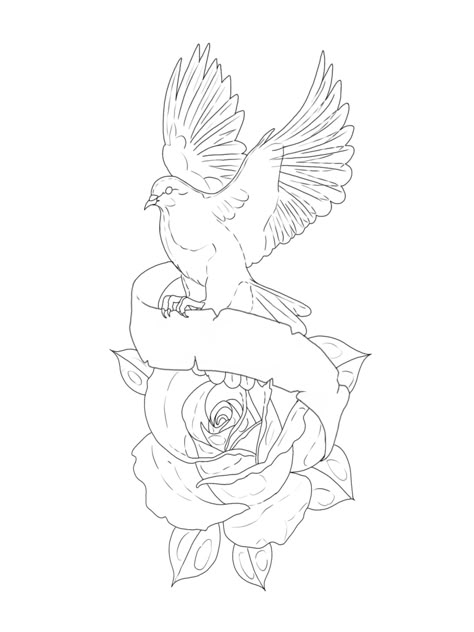 Hip Tattoos Stencils, Rip Tattoo Stencil, Rose Dove Tattoo, 2 Doves Tattoo Design, Rose And Banner Tattoo Design, Rose And Dove Tattoo Design, Dove Roses Tattoo, Dove And Heart Tattoo, Dove Holding Ribbon Tattoo