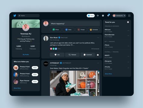 Twitter Homepage Concept by Yeremias NJ for Hellow on Dribbble Forum Website Design, Twitter Redesign, Coding Inspiration, Social App Design, Layout Site, Travel Agency Website, Twitter Template, Marketing Dashboard, Twitter Layout