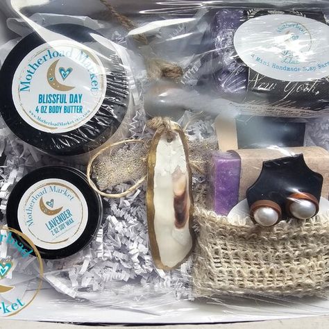 NEW Bath and Body Gift Set Cardboard Basket, Bath And Body Gift Set, Lilac Scent, Lavender Scented Candle, Soap Bag, Handmade Soap Bar, Handmade Angels, Shell Ornaments, Faux Pearl Earrings