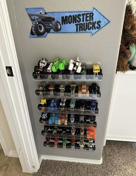 Playroom Inspo Boys, Monster Jam Toy Storage, 3 Year Boy Room Ideas, Toyroom Ideas Boys, Hotwheels Storage Diy, Cars Playroom Ideas, Car Playroom Ideas, Toy Car Storage Ideas Organizing, Little Boy Truck Room