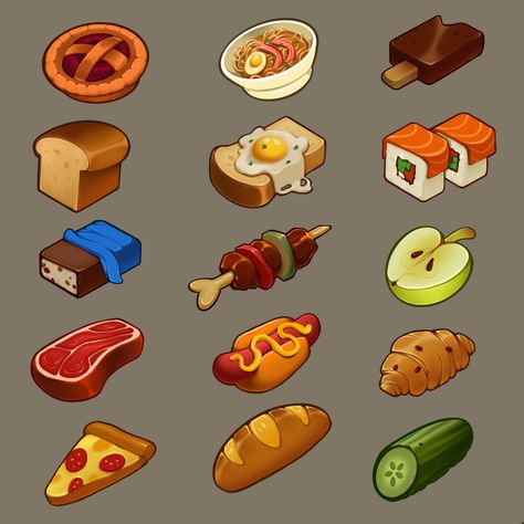 ArtStation - Food icons 🍔, our callboy Food Art Cartoon, Food Icon Illustration, Food Concept Ideas, Game Food Art, 2d Game Assets, Food Concept Art, Bread Icon, Artist Icon, Pixel Art Food