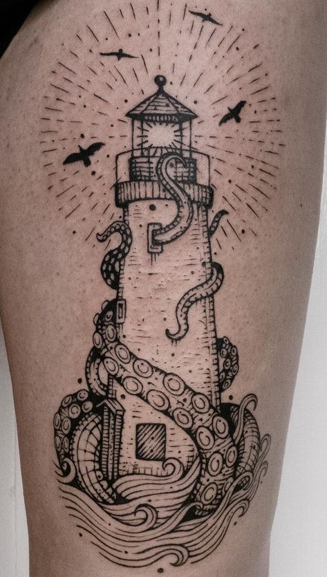 Nautical Leg Sleeve, Sea Tattoo Men, Ofmd Tattoo, Lighthouse Tattoo Meaning, Traditional Lighthouse Tattoo, Tattoo Octopus, Nautical Tattoo Sleeve, Kraken Tattoo, Lighthouse Drawing