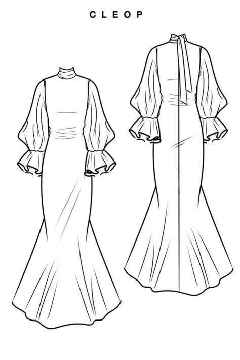 Modest Dress Sketches, Fashion Flats Dress, Gown Technical Drawing, Fashion Design Flats, Puff Sleeve Technical Drawing, Flat Sketches Dress, Dress Flat Drawing, Dress Flat Sketch, Dress Technical Drawing