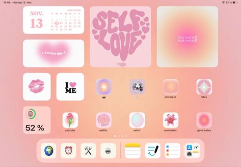 Pink Ipad Theme Ideas, Ipad Screen Layout Ideas, Pink Ipad Setup Homescreen, Pink Ipad Layout Homescreen, Ipad Widget Theme, Widgets Aesthetic Ipad Ideas, Ipad Home Screen Layout Pink, Coquette Ipad Homescreen Ideas, Ipad Homescreen Ideas Pink Widget