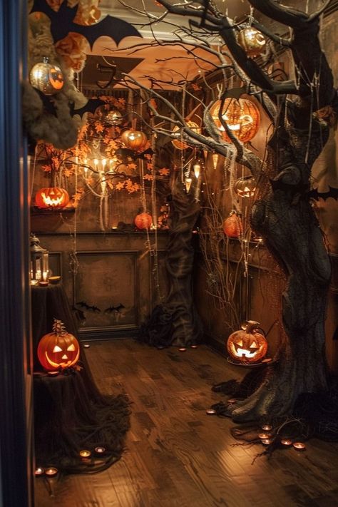 Creepy Witch Halloween Decorations, Fantasy Halloween Decorations, Halloween House Lighting, Haunted Forest Decorations Indoor, Decorate Chandelier For Halloween, Halloween Indoor Lights, Halloween Witch Scenes Outdoor, Abandoned House Halloween Decorations, Haunted Woods Decorations