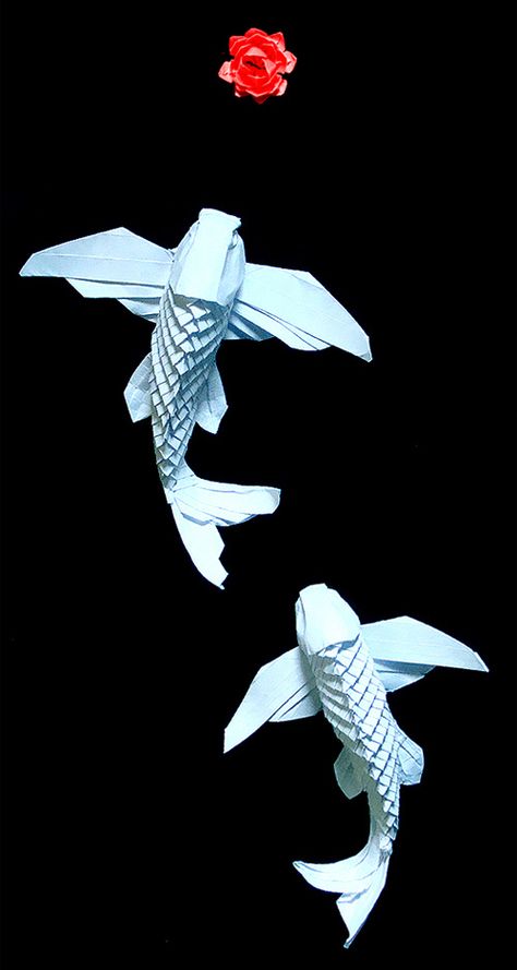 Koi fish flying origami artwork paper design Origami Tattoo, Paper Folding Art, Origami Paper Folding, Wet Paper, Paper Fish, Tutorial Origami, Origami Artist, Origami Fish, Origami Ideas