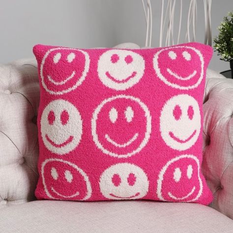 Comfyluxe Small Happy Face Pillow Cover - Approximately 18" W 18" L -100% Poly Microfiber - Extra Plush And Cozy Hot Pink Smiley Face, Smiley Face Pillows, Preppy Pillows, Pink Throw Blanket, Preppy Bedroom, Face Pillow, Pink Throws, Preppy Room Decor, Yellow Pillows