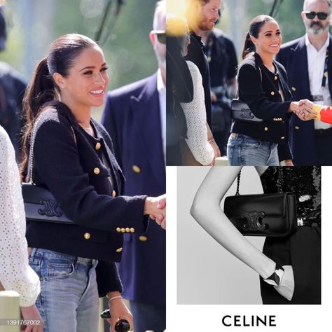 Meghan on Instagram: “Meghan's bag is from @celine. It's the CELINE CHAIN CUIR TRIOMPHE SHOULDER BAG from SUMMER 22 collection. - 📸 @gettyimages…” Celine Triomphe Chain Shoulder Bag, Celine Boston Bag Outfit, Celine Triomphe Bag Outfit, Celine Bag Outfit, Clutch Bag Outfit, Triomphe Celine, Celine Triomphe Bag, Triomphe Shoulder Bag, Cuir Triomphe