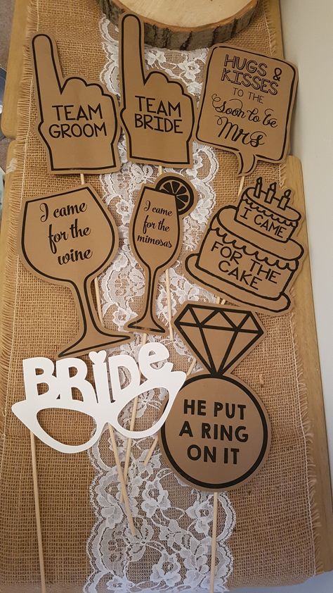 Bridal Shower Props Diy, Props For Bride To Be, Engagement Photo Booth Props, Bride To Be Props Diy, Diy Bride To Be Decor, Bride To Be Diy Decorations, Bride And Groom Party Ideas, Props Ideas For Wedding, Wedding Shower Photo Booth