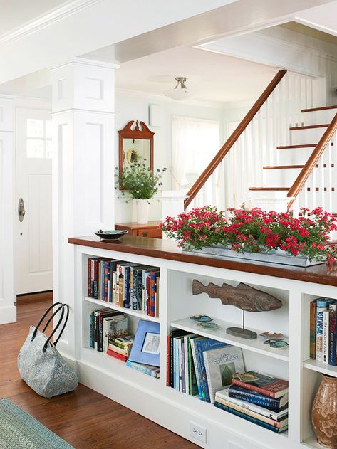 Half Wall Bookcase, Build A Half Wall, Short Bookshelf, Wall Bookcase, Pony Wall, Half Walls, Farmhouse White, Bookshelf Organization, Stair Case