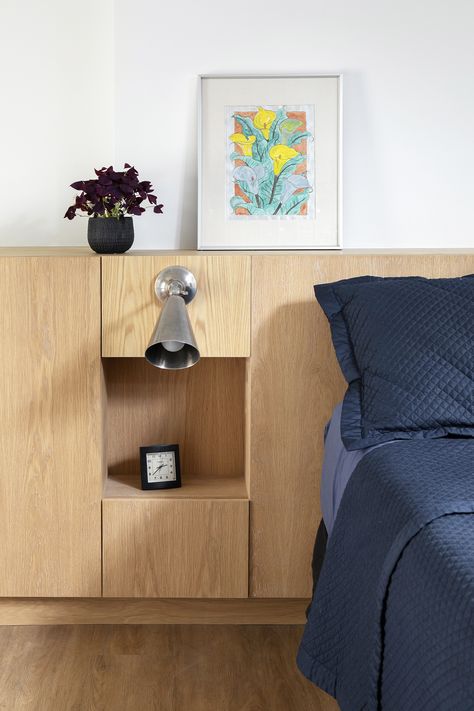 Bedroom, bedroom design, white walls, custom bedframe, integrated nightstands, hidden storage. Nightstand With Hidden Storage, Inbuilt Bedside Table, Headboard Hidden Storage, Bedframe With Side Tables, Hidden Nightstand, Bed With Built In Nightstands, Built In Nightstand, Wall Storage Bedroom, Integrated Nightstands