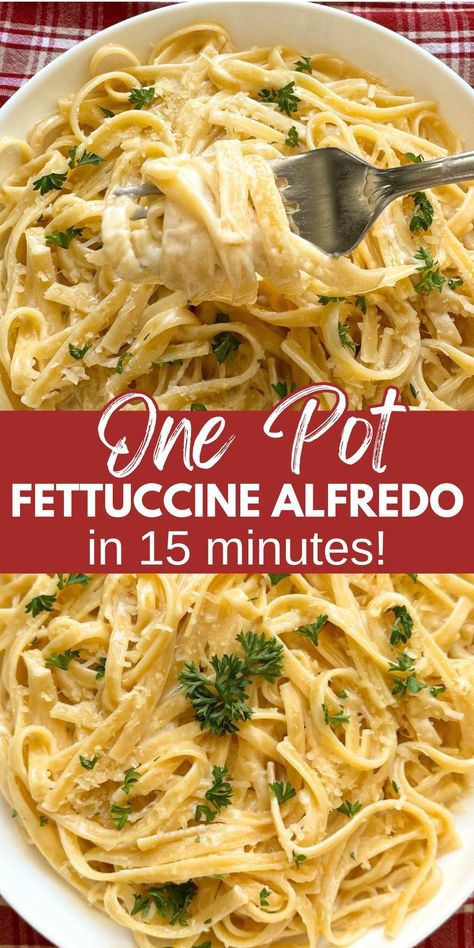 Add one pot fettuccine alfredo pasta with 4 ingredients in 15 minutes. It's perfect for quick and easy dinners. Use fettuccine noodles or your favorite pasta with lots of surface area for creamy sauce. Cooking everything in a single pot allows the pasta's own starch to thicken the sauce's consistency so you don't need to keep vigil over the pan. The whole family will love this easy recipe that is perfect for special occasions and busy weeknights. Vegetarian Fettuccine Alfredo, One Pot Fettuccine Alfredo, Leftover Fettucini Noodles, Pasta With No Meat, Fettucini Noodles Recipes, Fettucini Pasta Recipe, Instant Pot Fettuccine Alfredo, Easy Fettucini Alfredo, Fettucini Alfredo Recipe