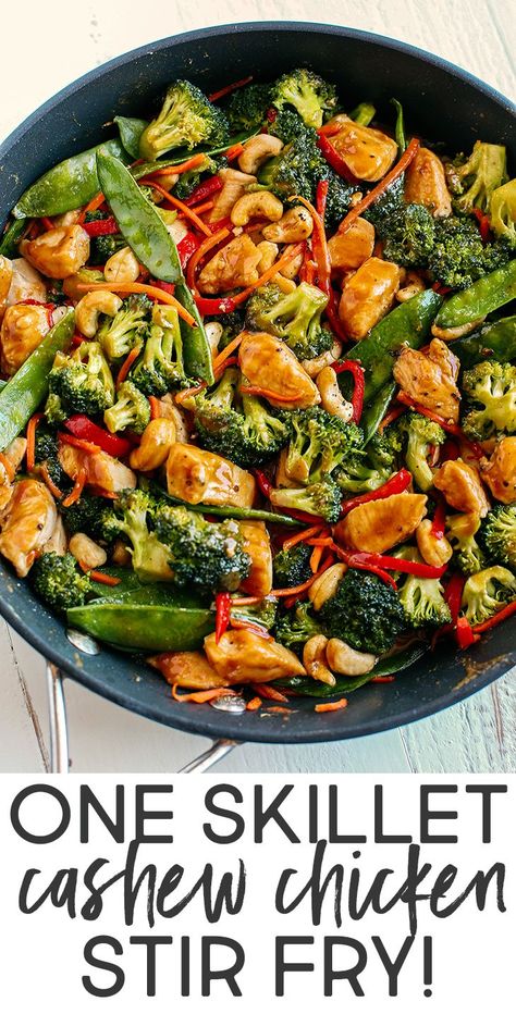 This One Skillet Cashew Chicken Stir Fry is the perfect weeknight meal that is quick and easy to make, full of fresh veggies and tossed together in a delicious homemade peanut sauce! Chicken Broccoli Cashew Stir Fry, Homemade Cashew Chicken, Healthy Asian Stir Fry, Meal Prep Stir Fry Healthy, Chicken And Cashew Stir Fry, Quinoa Stir Fry Recipes Chicken, Healthy Cashew Chicken Stir Fry, High Protein Chicken Stir Fry, Summer Stir Fry Recipes