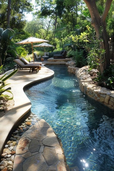 backyard-pool-ideas Cottage Pool Ideas, Natural Pool Aesthetic, Natural Salt Water Pool, Small In Ground Pools Backyard, Small Lazy River Pool Backyard, Eco Pools Natural Swimming Ponds, Outdoor Pools Backyard, Big Backyard With Pool, Buried Above Ground Pool