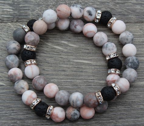 Pink Zebra Jasper and Lava Stone SKINNY Stretch Bracelet | Etsy