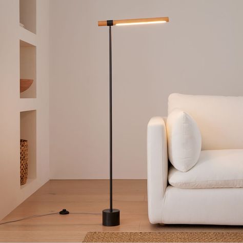 Linear Wood LED Floor Lamp Antique Bronze Walnut (46") | West Elm Bronze Natural, Modern Standing Lamps, Club Lighting, Tower Light, Lamp Antique, Floor Lamp With Shelves, Wood Floor Lamp, Indoor Lighting Fixtures, Contemporary Floor Lamps