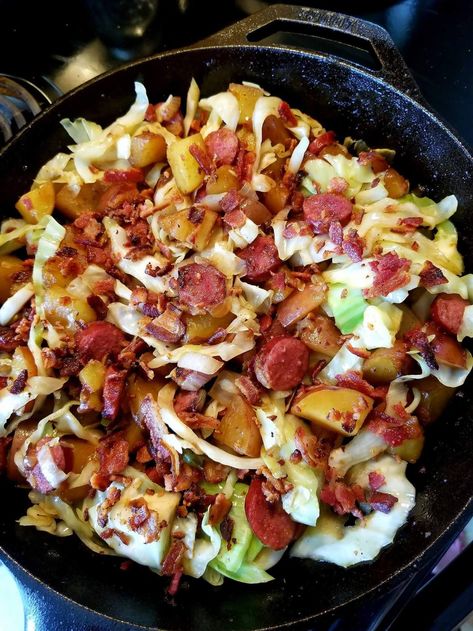 ~FRIED CABBAGE WITH POTATOES & SMOKED SAUSAGE~ – Nana's Kitchen Recipes by Michelle Long Cabbage Sausage Potato, Sausage Recipes Potatoes, Cabbage With Potatoes, Fried Cabbage And Potatoes, Cooked Cabbage Recipes, Cabbage And Smoked Sausage, Fried Cabbage With Sausage, Kielbasa And Potatoes, Kielbasa And Cabbage