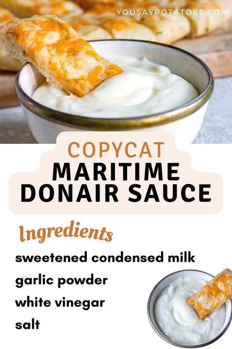 Make your own homemade Donair Sauce! This classic creamy, sweet and tangy garlic sauce is perfect for donair kabobs or served as a dipping sauce for chicken, fries, or garlic fingers. It's made with four simple ingredients, and takes only minutes to prepare! Sweet Sauce Donair, Donair Sauce Recipe Condensed Milk, Donair Sweet Sauce Recipe, Homemade Donair Sauce, Donair Sauce Recipe, Donair Dip, Homemade Gyro, Homemade Dipping Sauce, Dipping Sauce For Chicken