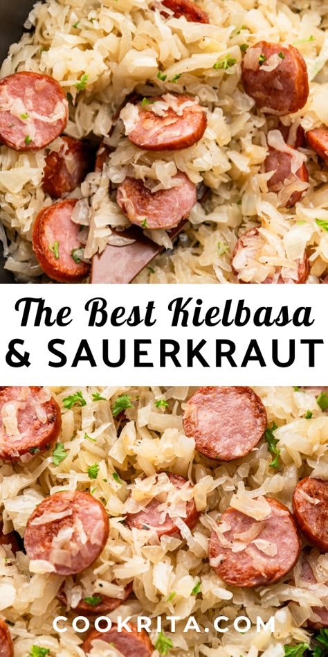 Delicious when lightly browned, kielbasa, a popular smoked sausage, pairs wonderfully with a warm bed of sauerkraut. Saurkraut And Sausage, Saurkraut And Kielbasa, Smoked Sausage And Sauerkraut Recipe, Smoked Sausage And Sauerkraut, Cabbage Dinner Recipes, Sauerkraut Dinner, Kielbasa And Sauerkraut, Sausage And Sauerkraut, Polish Sausage Recipes