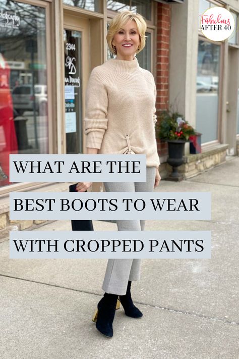 Best boots for cropped pants? The goal is to cover your exposed legs so you stay warm and to elongate them too, so you look elegant. It’s all about balance, so here’s what you do. Cropped Pants And Boots, Wide Leg Cropped Pants With Boots, Crop Pants With Ankle Boots, Cropped Pants With Boots, Dress Pants With Boots, Cropped Pants Winter, Cropped Pants Outfit, Wide Cropped Pants, Dress Pants Outfits