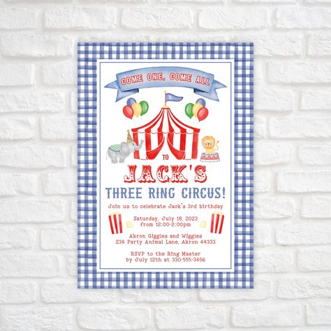 Three Ring Circus Birthday, Three Ring Circus Birthday Party, Three Ring Circus, 3rd Birthday Party For Boy, Circus Birthday Invitations, Carnival Birthday Invitations, 3rd Birthday Invitation, Third Birthday Party, Circus Birthday Party