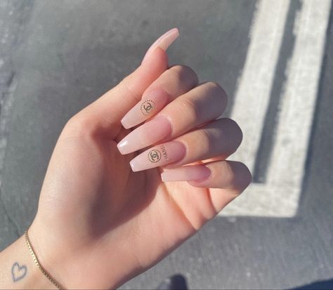 Nude + Gold Chanel Inspired Nails Chanel Inspired Nails, Chanel Nails, Gold Nail Polish, Nails 2022, Inspired Nails, Chanel Inspired, Gold Chanel, Soft Nails, Cute Acrylic Nails