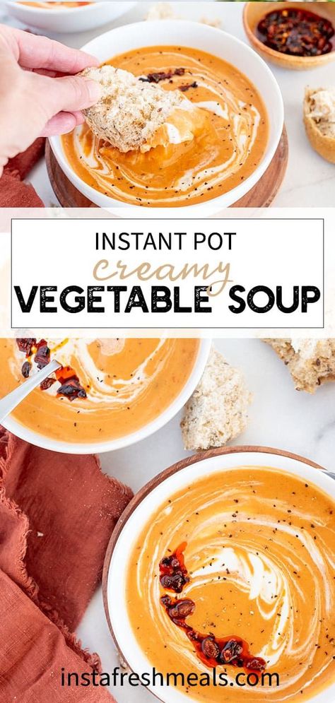 Instant Pot Creamy Vegetable Soup is a delicious way to use up leftover veggies and even hide them from the picky eaters in your family! #cauliflower #zucchini #carrots #butternutsquash #fireroasteddtomatoes Cauliflower Zucchini, Creamy Vegetable Soup, Leftover Veggies, Vegetable Soups, Vegetable Soup Healthy, Zucchini Soup, Pureed Soup, Instant Pot Soup Recipes, Best Instant Pot Recipe