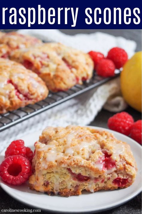 These raspberry scones are wonderfully soft, packed with juicy fruit and topped with a bright lemon drizzle. While that may sound fancy, they're actually really easy to make. A delicious treat, perfect with a cup of coffee or tea or as a snack. Raspberry Jam Scones, Easy Raspberry Scones, Raspberry Scones Recipe Easy, Rasberry Scones, Raspberry Scones Recipe, Raspberry Scones, Scones Recipe Easy, Baking Stuff, Preppy Kitchen