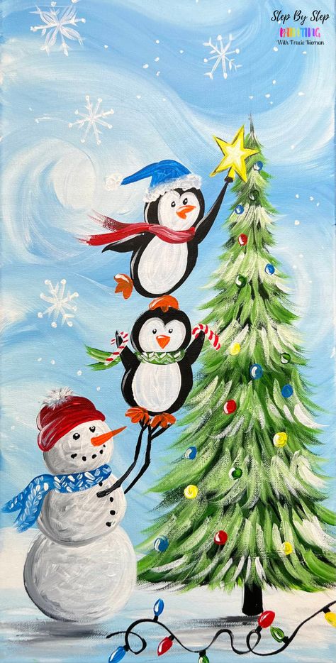 "Let's Decorate!" - Acrylic Painting Tutorial Of Snowman & Penguins Climbing Christmas Tree - Tracie Kiernan - Step By Step Painting Crismas Tree, Diy Christmas Canvas, Santa Paintings, Christmas Window Painting, Christmas Canvas Art, Christmas Paintings On Canvas, Christmas Artwork, Canvas Painting Tutorials, Christmas Tree Painting