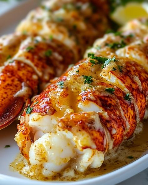 🦞 Creamy Garlic Butter Lobster Tails 🦞 "Indulge in this luxurious, buttery lobster dish with rich garlic cream sauce. Perfect for special dinners or when you want to treat yourself!" 🍯 Ingredients 🍯 - 4 lobster tails, split in half lengthwise - 1/4 cup unsalted butter - 4 cloves garlic, minced - 1/2 cup heavy cream - 1/4 cup grated Parmesan cheese - 1 tablespoon fresh parsley, chopped (for garnish) - Juice of 1/2 lemon - Salt and freshly ground black pepper to taste - Lemon wedges... Creamy Garlic Lobster Tails, Food Recipes Seafood, Garlic Butter Lobster, Creamy Garlic Butter Lobster Tails, Luxury Meals, Garlic Butter Lobster Tails, Lamp Recipes, Couples Dinner Ideas, Shrimp And Lobster Recipes