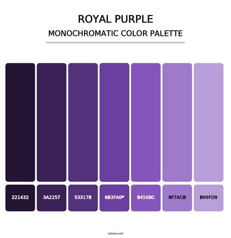 Royal purple - Monochromatic Color Palette Rare Color Palette, Royal Purple Color Palette, Purple Monochromatic, Purple Hex, Purple Color Code, Analogous Color Scheme, Rgb Color Codes, Split Complementary Colors, Royal Purple Color