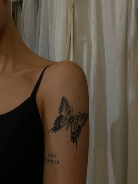 Shoulder And Upper Arm Tattoos For Women Butterflies, Upper Outer Arm Tattoo, Upper Arm Tattoos For Women Butterflies, Two Butterflies Tattoo Arm, Healed Butterfly Tattoo, Detailed Moth Tattoo, Flower Tattoos Large, Shoulder Tattoos Butterfly, Butterfly With Words Tattoo