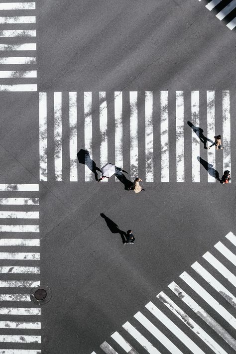 bird's-eye view photography of people crossing street People Crossing Street, Worm's Eye View Photography, Birds Eye View Photography, Photography Of People, Worms Eye View, Photography Assignments, Zebra Crossing, View Photography, Golden Hour Photography