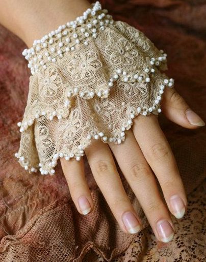 Lace Cuffs to Wear Under Sweaters & Jackets [extended a little further up the wrist] Lace Cuffs, Lace Jewelry, Lace Gloves, Pearl And Lace, Wedding Dress Accessories, Linens And Lace, Wrist Cuffs, Mega Man, Antique Lace