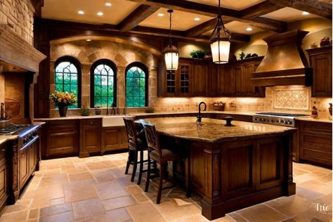 Luxurious kitchen with wood cabinets, large island, stone tile flooring, and arched windows. Tuscan Style Homes 2000s, Mediterranean Style Kitchen Tuscan Decor, Italian Villa Interior Kitchen, Tuscan Apartment Decor, Italian Style Kitchen Tuscany, 2000s Tuscan Kitchen, Tuscan House Interior Design, 2000s Tuscan Home, Tuscan House 2000s