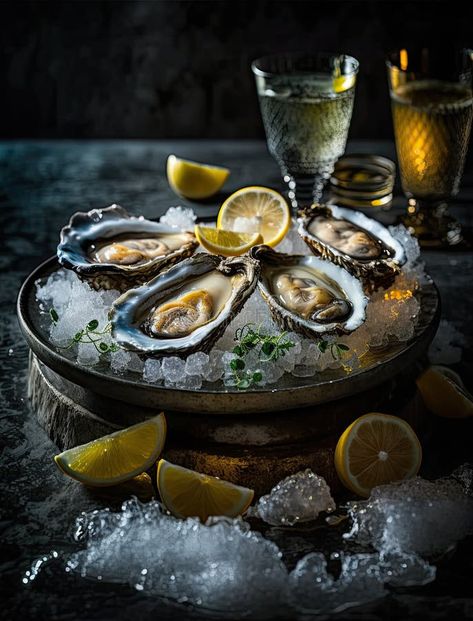 Oysters on a plate with ice and lemon slices royalty free stock images Oysters Food Photography, Seafood Platter Aesthetic, Oysters Photography, Oyster Photography, Oysters Aesthetic, Oyster Party, Inspo Collage, Dream Woman, Food Shots