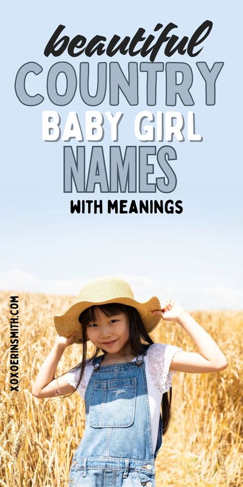 cute little girl with overalls and cowboy hat in wheat field and title beautiful country baby girl names and  meanings Girl Names Southern, Country Baby Girl Names, Irish Baby Boy Names, Irish Baby Girl Names, Southern Girl Names, Country Girl Names, Country Baby Girl, Names And Meanings, Vintage Baby Names