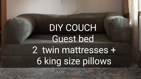 DIY COUCH / GUEST BED 2 TWIN MATTRESSES AND 6 KING SIZE PILLOWS Make Bed Look Like Couch, Twin Bed Couch Diy, Twin Mattress Sectional, Twin Mattress Sofa, Diy Mattress Couch, Twin Mattress Couch, Sofa Alternative, Twin Bed Couch, Diy Twin Bed