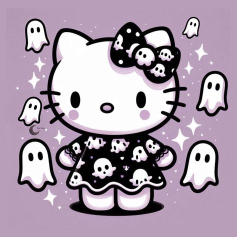 Hello Kitty And Ghostface, Punk Hello Kitty Tattoo, Ghost Face Hello Kitty, Hello Kitty Horror Characters, Hello Kitty Ghost, Hello Kitty Pictures Image, Spooky Sanrio, Spooky Cartoon Characters, Halloween Kuromi