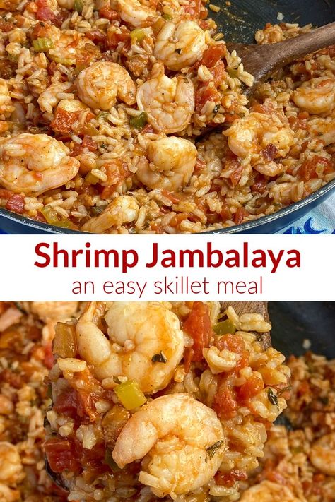 Collage of Shrimp Jambalaya in a skillet Skillet Meals With Shrimp, Easy Shrimp Jambalaya Recipe, Jambalaya Recipe Shrimp, Jambalaya Recipe Easy Shrimp And Sausage, Creole Shrimp And Sausage Skillet, Shrimp Jumbalya, Seafood Jambalaya Recipe, Shrimp Jambalaya Recipe, Cajun Trinity