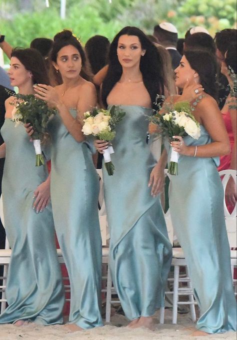 Bella Hadid attending the wedding of her friend Lauren Perez, 11/11/21 Haute Couture, Teal Wedding Aesthetic, Bridesmaid Dress Aesthetic, Bridesmaid Dresses Aesthetic, Prom Satin Dress, Bridesmaid Dress Sage, Tiana Aesthetic, Bella Hadid Dress, Lauren Perez